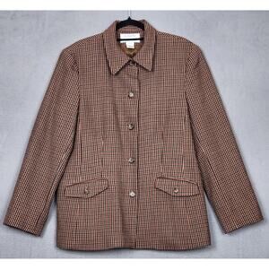 PURSUITS LTD Blazer Jacket Womens Size 14 Brown Houndstooth Worsted Wool Career